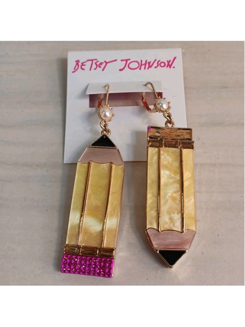 Betsey Johnson Gold Tone Back to School Pencil Mismatch Drop Earrings NWT READ
